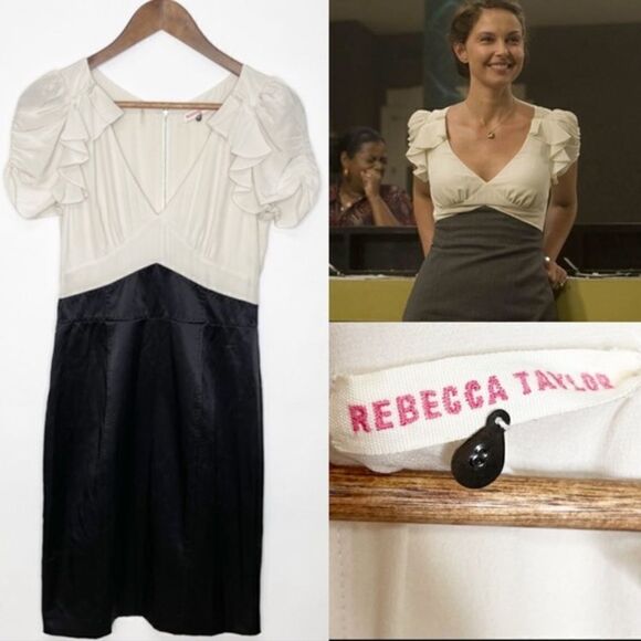 Rebecca Taylor Silk Ruffle Combo Dress Black Ivory Size 8 - Picture 7 of 8